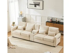 Sofá moderno 4 lugares em linho - com USB e porta-copos - 4 almofadas - 290x83x88cm -^DripeX Online