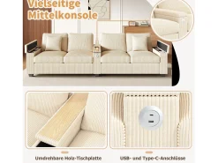 Sofá moderno de 4 lugares - 299 x 80 x 82,7 cm - com porta USB, apoio de braço dobrável e espaço de armazenamento oculto - veludo -^Merax Best