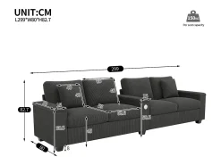 Best Sofá moderno de 4 lugares - 299 x 80 x 82,7 cm - com porta USB, apoio de braço dobrável e espaço de armazenamento oculto - veludo - cinza Sofá
