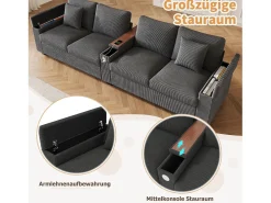 Best Sofá moderno de 4 lugares - 299 x 80 x 82,7 cm - com porta USB, apoio de braço dobrável e espaço de armazenamento oculto - veludo - cinza Sofá