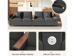 Best Sofá moderno de 4 lugares - 299 x 80 x 82,7 cm - com porta USB, apoio de braço dobrável e espaço de armazenamento oculto - veludo - cinza Sofá
