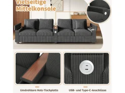 Best Sofá moderno de 4 lugares - 299 x 80 x 82,7 cm - com porta USB, apoio de braço dobrável e espaço de armazenamento oculto - veludo - cinza Sofá