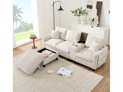 Sofá moderno de 4 lugares com apoio para os pés com espaço de armazenamento + 2 porta-copos + porta USB - 229 x 149,5 x 83 cm - Veludo -*Merax Outlet