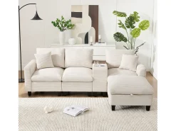 Sofá moderno de 4 lugares com apoio para os pés com espaço de armazenamento + 2 porta-copos + porta USB - 229 x 149,5 x 83 cm - Veludo -*Merax Outlet
