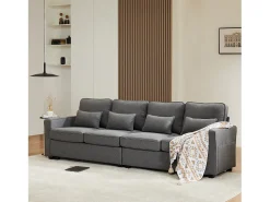 Sofá moderno de 4 lugares com 4 almofadas - 264 x 83 x 87 cm - Tecido de linho - Cinza escuro*Merax Hot