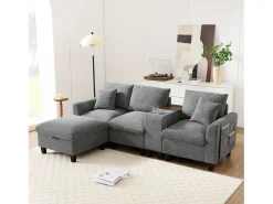 Sofá moderno de 4 lugares com apoio para os pés com espaço de armazenamento + 2 porta-copos + porta USB - 229 x 149,5 x 83 cm - Veludo - cinza*Merax Online