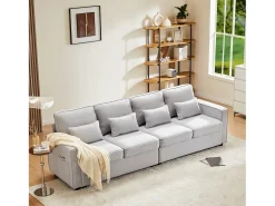 Sofá moderno de 4 lugares com 4 almofadas - 264 x 83 x 87 cm - Tecido de linho - Cinza^Merax New