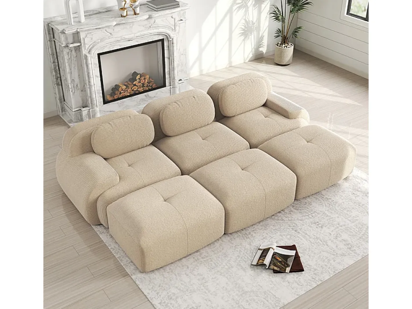 Sofá modular 3 lugares + 3 puff - veludo côtelê - com 3 almofadas - densidade assento 32kg/m³ - 298x178x70cm -*DripeX Outlet