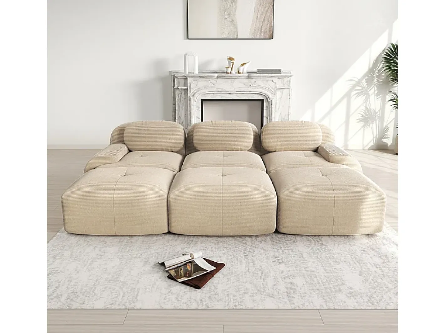 Sofá modular 3 lugares + 3 puff - veludo côtelê - com 3 almofadas - densidade assento 32kg/m³ - 298x178x70cm -*DripeX Outlet