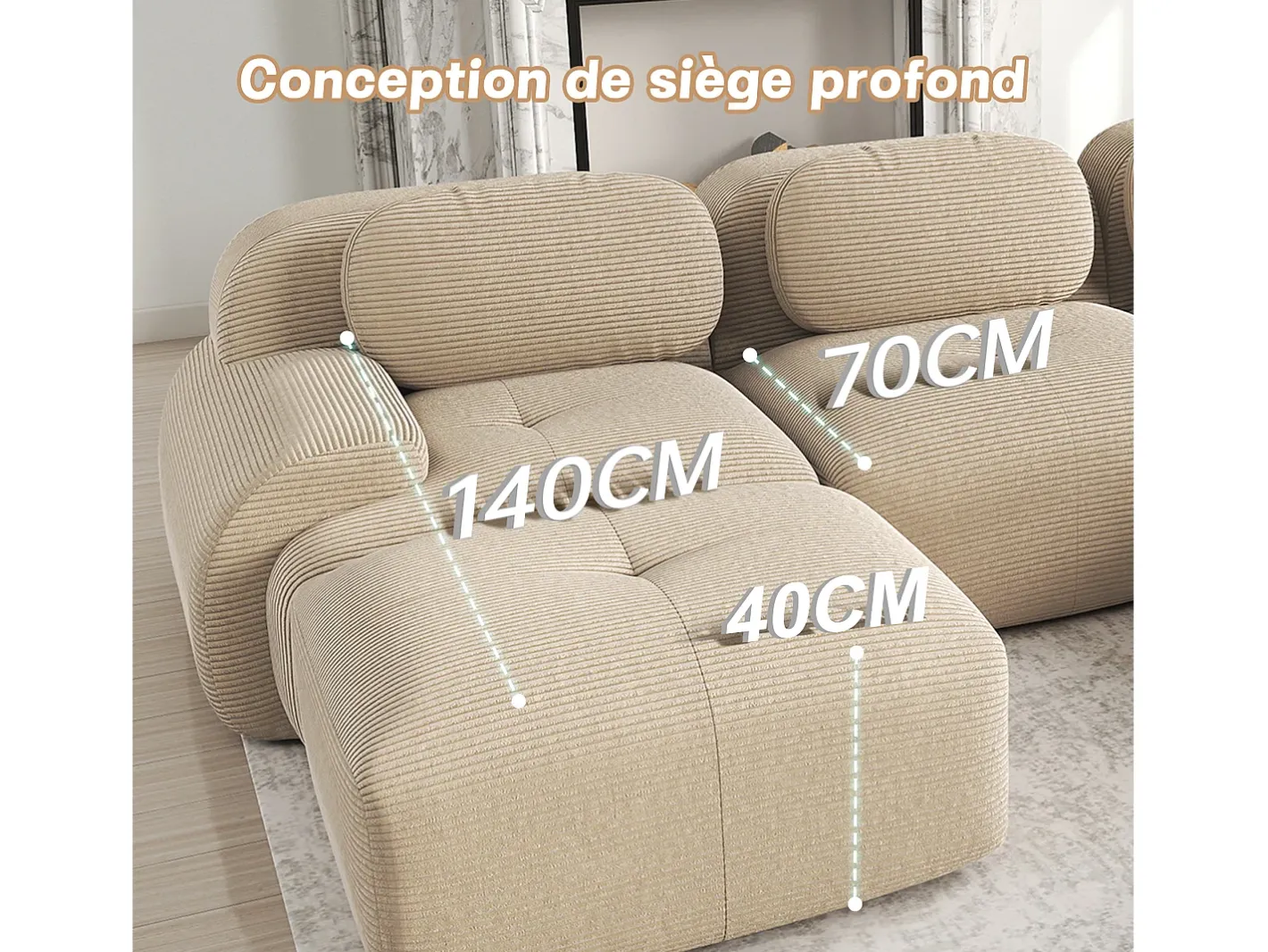 Sofá modular 3 lugares + 3 puff - veludo côtelê - com 3 almofadas - densidade assento 32kg/m³ - 298x178x70cm -*DripeX Outlet