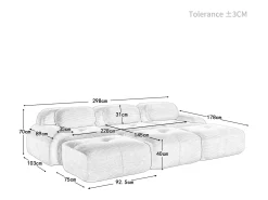 Sofá modular 3 lugares + 3 puff - veludo côtelê - com 3 almofadas - densidade assento 32kg/m³ - 298x178x70cm - Cinza Sofá