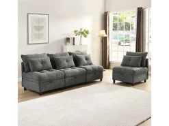 Sofá Modular 4 Lugares em Chenille - com 8 Almofadas e 4 Armazenamentos - Carga Máx. 500kg - 274x76x87cm - Cinza*DripeX Clearance