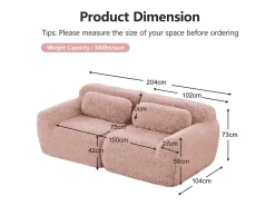 Sofá Modular 2 lugares em tecido peluche, com 2 almofadas, assento extra profundo 75cm, 204x104x73cm,^DripeX Online