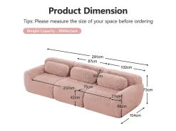 Sofá Modular 3 lugares em tecido peluche, com 3 almofadas, sem estrutura, 291x104x73cm,*DripeX Clearance