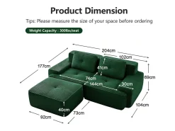 Sofá Modular 2 lugares em Veludo cotelê, com puff e 2 almofadas, 204x177x69cm,*DripeX Discount