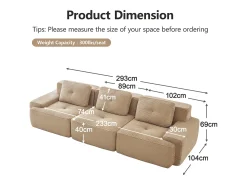 Sofá Modular 3 lugares em Veludo cotelê, com 3 almofadas, assento extra profundo 74cm, 293x104x69cm,^DripeX