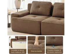 Sofá Modular 3 lugares em Veludo cotelê, com 3 almofadas, assento extra profundo 74cm, 293x104x69cm, Marrom*DripeX