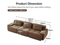 Sofá Modular 3 lugares em Veludo cotelê, com 3 almofadas, assento extra profundo 74cm, 293x104x69cm, Marrom*DripeX