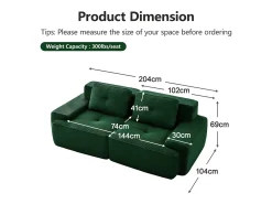 Sofá Modular 2 lugares em Veludo cotelê com 2 almofadas, sem montagem, 204x104x69cm,^DripeX