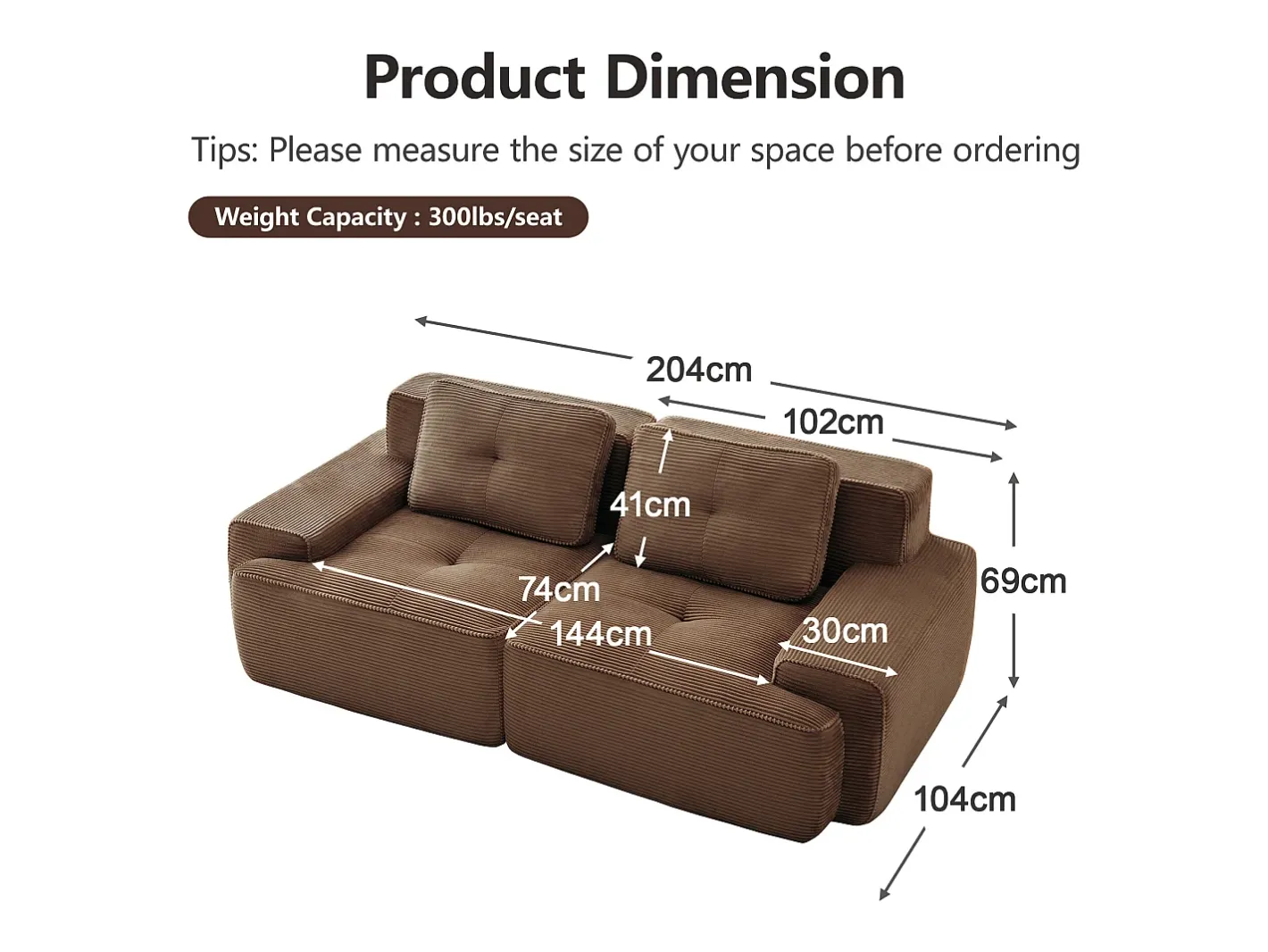 Sofá Modular 2 lugares em Veludo cotelê com 2 almofadas, sem montagem, 204x104x69cm, Marrom*DripeX Discount