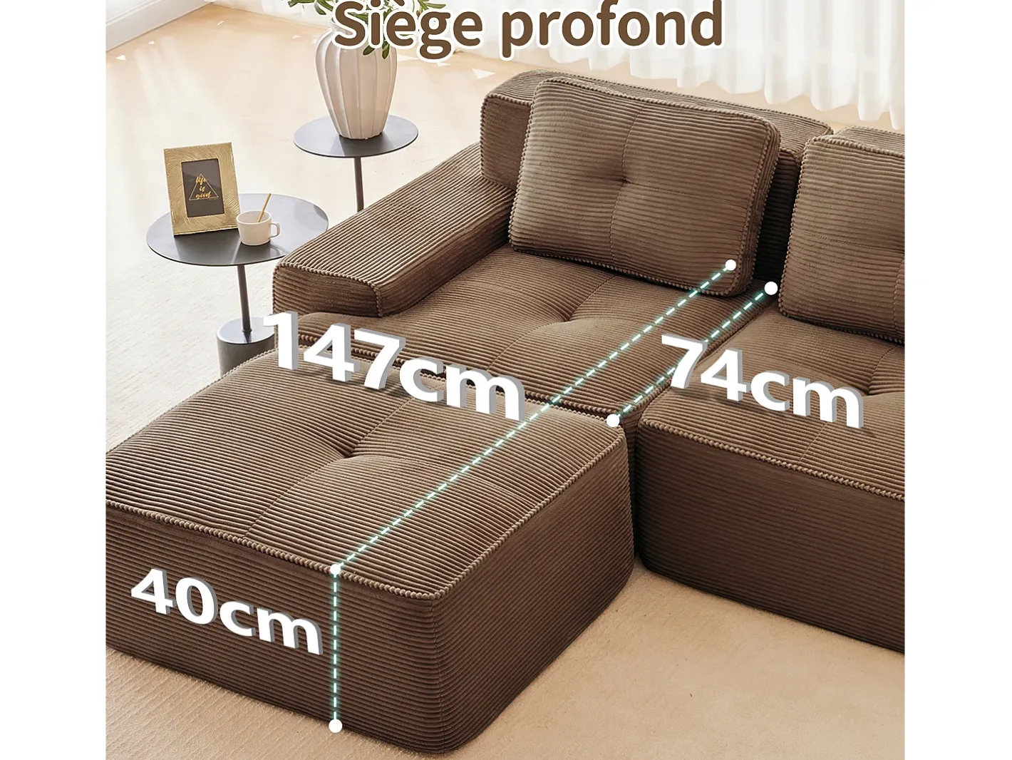Sofá Modular 2 lugares em Veludo cotelê com 2 almofadas, sem montagem, 204x104x69cm, Marrom*DripeX Discount