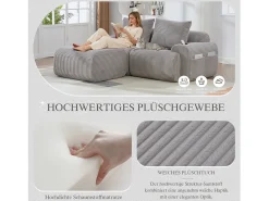 Best Sofá modular de 2 lugares - 200 x 174 x 80 cm - com 1 pufe + porta-copos + bolso de arrumação - veludo - cinza claro Sofá