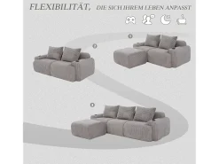 Sofá modular de 3 lugares - 268 x 174 x 80 cm - com 1 pufe + porta-copos + bolso de arrumação - veludo - cinza claro^Merax Sale