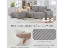 Sofá modular de 3 lugares - 268 x 174 x 80 cm - com 1 pufe + porta-copos + bolso de arrumação - veludo - cinza claro^Merax Sale