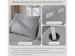 Sofá modular de 3 lugares - 268 x 174 x 80 cm - com 1 pufe + porta-copos + bolso de arrumação - veludo - cinza claro^Merax Sale
