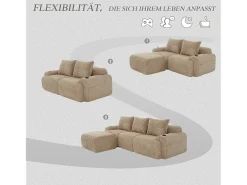Sofá modular de 3 lugares - 268 x 174 x 80 cm - com 1 pufe + porta-copos + bolso de arrumação - veludo - cáqui^Merax Hot