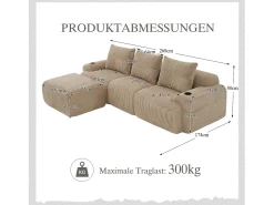 Sofá modular de 3 lugares - 268 x 174 x 80 cm - com 1 pufe + porta-copos + bolso de arrumação - veludo - cáqui^Merax Hot