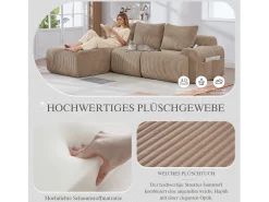 Sofá modular de 3 lugares - 268 x 174 x 80 cm - com 1 pufe + porta-copos + bolso de arrumação - veludo - cáqui^Merax Hot