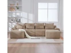 Sofá modular de 4 lugares - 333 x 174 x 80 cm - com 2 pufes + porta-copos + compartimento de arrumação - veludo - cáqui^Merax New