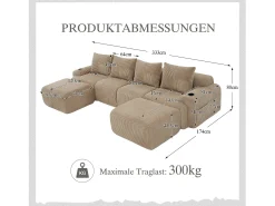 Sofá modular de 4 lugares - 333 x 174 x 80 cm - com 2 pufes + porta-copos + compartimento de arrumação - veludo - cáqui^Merax New