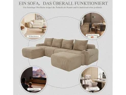 Sofá modular de 4 lugares - 333 x 174 x 80 cm - com 2 pufes + porta-copos + compartimento de arrumação - veludo - cáqui^Merax New