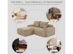 Sofá modular de 2 lugares - 200 x 174 x 80 cm - com 1 pufe + porta-copos + bolso de arrumação - veludo - cáqui*Merax Hot