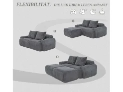 Sofá modular de 2 lugares - 200 x 174 x 80 cm - com 2 pufes + porta-copos + compartimento de arrumação - veludo - cinza escuro Sofá