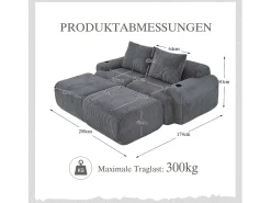 Sofá modular de 2 lugares - 200 x 174 x 80 cm - com 2 pufes + porta-copos + compartimento de arrumação - veludo - cinza escuro Sofá