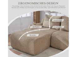 Sofá modular de 3 lugares - 268 x 174 x 80 cm - com 2 pufes + porta-copos + bolso de arrumação - veludo - cáqui Sofá