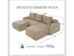 Sofá modular de 3 lugares - 268 x 174 x 80 cm - com 2 pufes + porta-copos + bolso de arrumação - veludo - cáqui Sofá