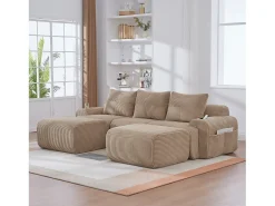 Sofá modular de 3 lugares - 268 x 174 x 80 cm - com 2 pufes + porta-copos + bolso de arrumação - veludo - cáqui Sofá