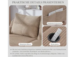 Sofá modular de 3 lugares - 268 x 174 x 80 cm - com 2 pufes + porta-copos + bolso de arrumação - veludo - cáqui Sofá