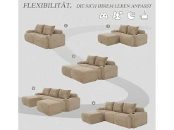 Sofá modular de 3 lugares - 268 x 174 x 80 cm - com 2 pufes + porta-copos + bolso de arrumação - veludo - cáqui Sofá