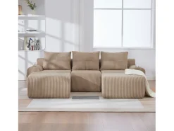 Sofá modular de 3 lugares - 268 x 174 x 80 cm - com 2 pufes + porta-copos + bolso de arrumação - veludo - cáqui Sofá