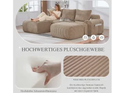Sofá modular de 3 lugares - 268 x 174 x 80 cm - com 2 pufes + porta-copos + bolso de arrumação - veludo - cáqui Sofá