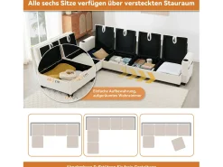 Sofá modular de 6 lugares com arrumação + apoio para os pés removível + portas USB - 280 x 152 x 83 cm - Veludo -*Merax Discount