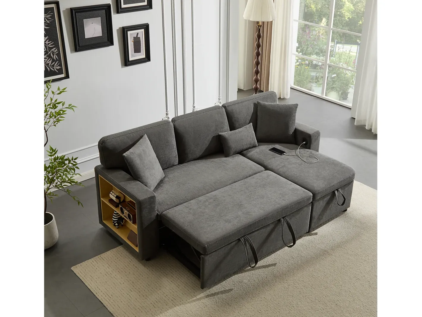 Sofá 215x133x85 cm - com porta USB - com arrumação - com função de cama - cinza^ModernLuxe Hot