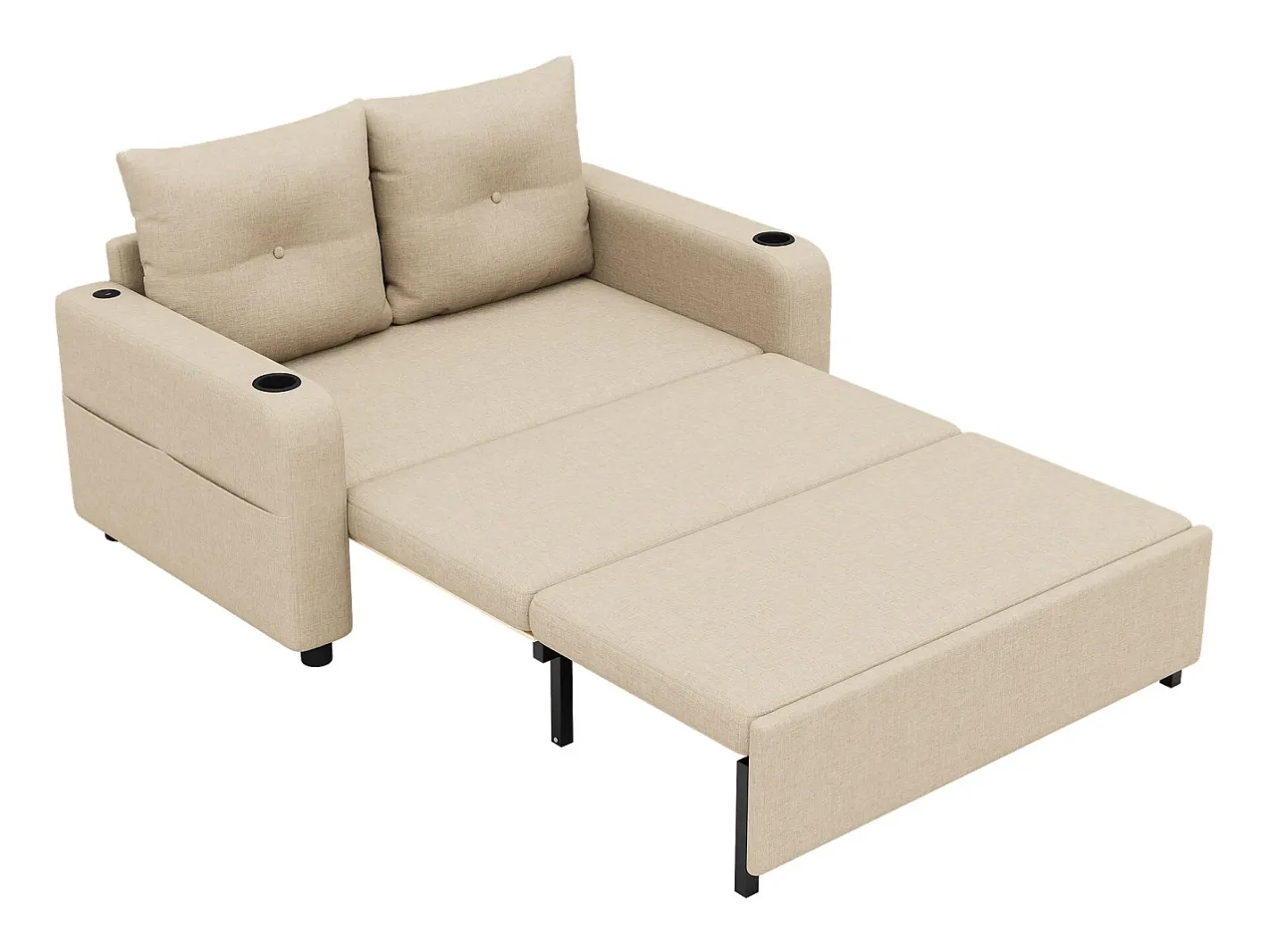 Hot Sofá-cama 2 lugares 3 em 1 - Modelo desdobrável - Porta-copos e bolso lateral - Almofada de encosto - Porta USB - algodão e linho - Sofá