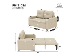 Hot Sofá-cama 2 lugares 3 em 1 - Modelo desdobrável - Porta-copos e bolso lateral - Almofada de encosto - Porta USB - algodão e linho - Sofá