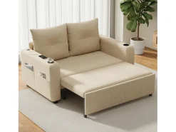 Hot Sofá-cama 2 lugares 3 em 1 - Modelo desdobrável - Porta-copos e bolso lateral - Almofada de encosto - Porta USB - algodão e linho - Sofá